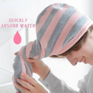 Bathroom Products |   Women Girls Towels Bathroom Microfiber Towel Stripe Hair Towel Magic Microfiber Shower Cap Lady Turban Head Bathroom Products Bathroom Products