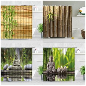 Bathroom Products |   Zen Green Bamboo Buddha Shower Curtain Landscape Water Candle Stone Lotu Plant Garden Scenery Waterproof Bathroom Curtain Screen Bathroom Products Bathroom Products