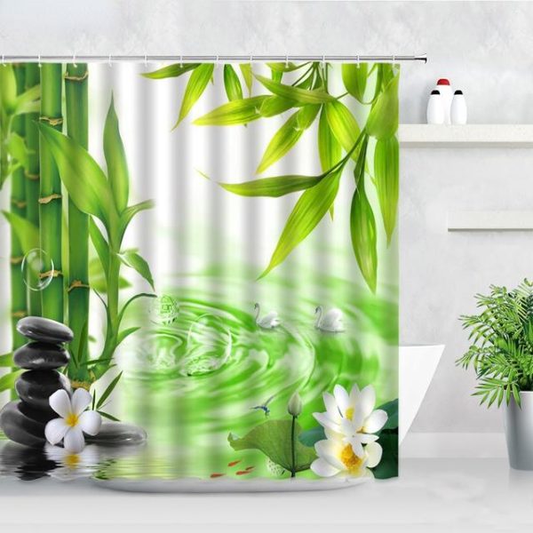 Bathroom Products |   Zen Green Bamboo Buddha Shower Curtain Landscape Water Candle Stone Lotu Plant Garden Scenery Waterproof Bathroom Curtain Screen Bathroom Products Bathroom Products