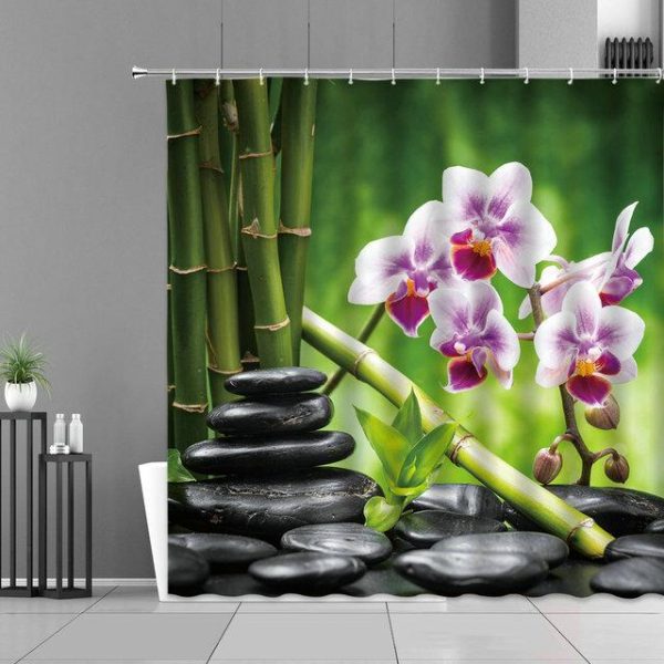 Bathroom Products |   Zen Green Bamboo Buddha Shower Curtain Landscape Water Candle Stone Lotu Plant Garden Scenery Waterproof Bathroom Curtain Screen Bathroom Products Bathroom Products