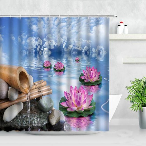 Bathroom Products |   Zen Green Bamboo Buddha Shower Curtain Landscape Water Candle Stone Lotu Plant Garden Scenery Waterproof Bathroom Curtain Screen Bathroom Products Bathroom Products