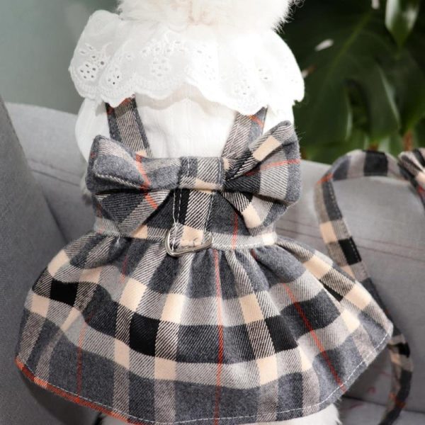 Dogs |   Lattice Dog Dress And Leash Set Cute Bowknot Teddy Bichon Dog Harness Vest Spring Summer Cat Dress Chihuahua Pet Clothing Dogs Dogs