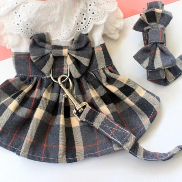 Dogs |   Lattice Dog Dress And Leash Set Cute Bowknot Teddy Bichon Dog Harness Vest Spring Summer Cat Dress Chihuahua Pet Clothing Dogs Dogs