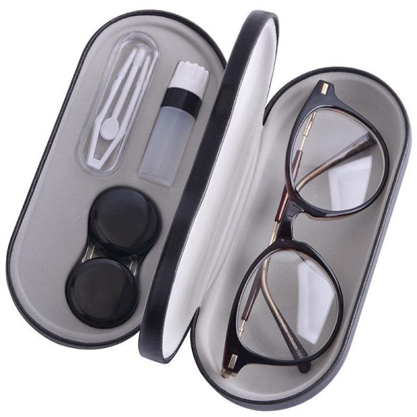 Eye Care Products |   Double Interlayer Contact Lens Case With Mirror Convinent Glasses Box Leather Contact Lenses Box Kit Eye Care Products Eye Care Products