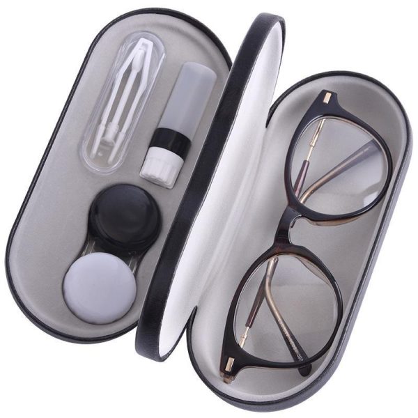 Eye Care Products |   Double Interlayer Contact Lens Case With Mirror Convinent Glasses Box Leather Contact Lenses Box Kit Eye Care Products Eye Care Products