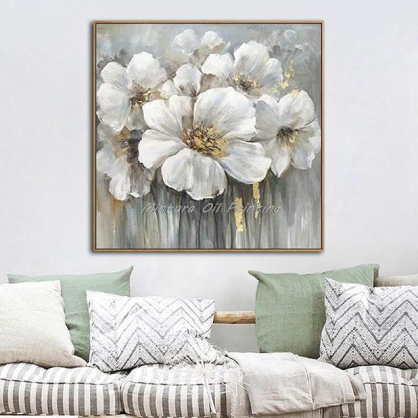 Home Decor |   Wall Picture Painting For Living Room, Oil Paintings On Canvas, Hand Painted, Many White Flowers, Hotel Decor, Frameless Decor Art Home & Kitchen Home Decor