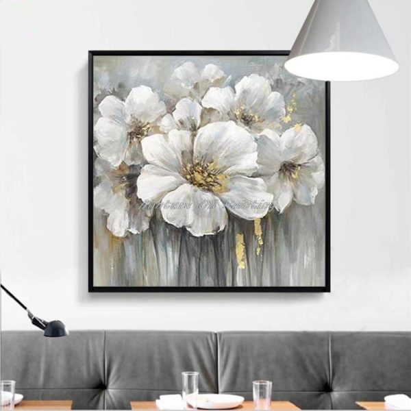 Home Decor |   Wall Picture Painting For Living Room, Oil Paintings On Canvas, Hand Painted, Many White Flowers, Hotel Decor, Frameless Decor Art Home & Kitchen Home Decor