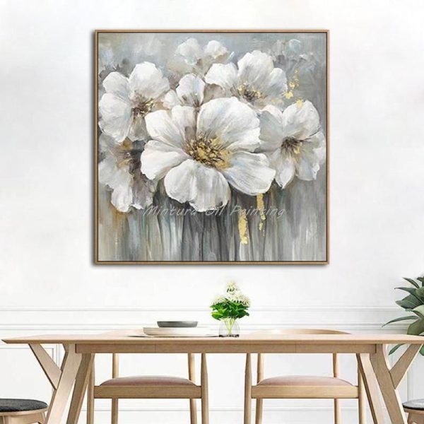 Home Decor |   Wall Picture Painting For Living Room, Oil Paintings On Canvas, Hand Painted, Many White Flowers, Hotel Decor, Frameless Decor Art Home & Kitchen Home Decor