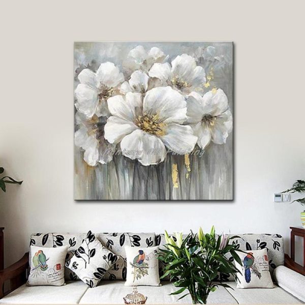 Home Decor |   Wall Picture Painting For Living Room, Oil Paintings On Canvas, Hand Painted, Many White Flowers, Hotel Decor, Frameless Decor Art Home & Kitchen Home Decor