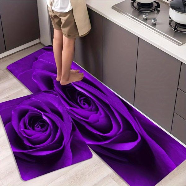 Home Textiles |   1Pcs Purple Rose Pattern Kitchen Mat, Non-Slip Oil-Proof Waterproof Area Rug Floor Mat Machine Washable For Entrance Kitchen Home & Kitchen Home Textiles