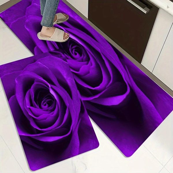 Home Textiles |   1Pcs Purple Rose Pattern Kitchen Mat, Non-Slip Oil-Proof Waterproof Area Rug Floor Mat Machine Washable For Entrance Kitchen Home & Kitchen Home Textiles