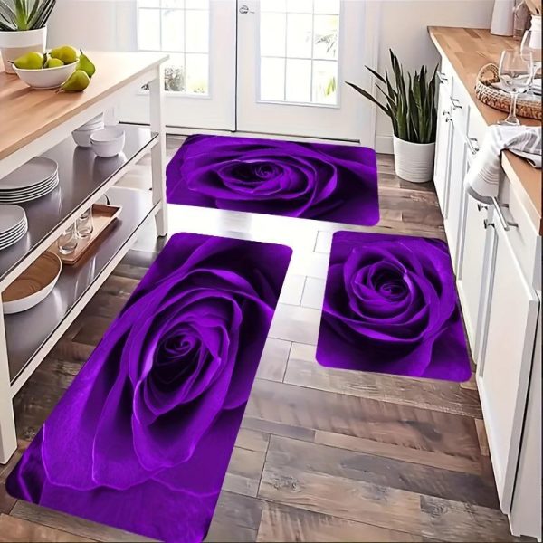 Home Textiles |   1Pcs Purple Rose Pattern Kitchen Mat, Non-Slip Oil-Proof Waterproof Area Rug Floor Mat Machine Washable For Entrance Kitchen Home & Kitchen Home Textiles