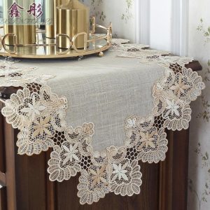 Kitchen, Dining & Bar |   Linen Embroidery Floral Knitted Table Cover Cabinet Table Runner White Home & Kitchen Home Textiles