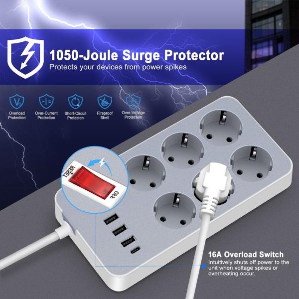 Office Equipment |   10-In-1 Power Strip Multi Outlet Socket With 1.2-Meter Long Cord 6 Outlet 4 Usb Port For Home Electronics Office Equipment