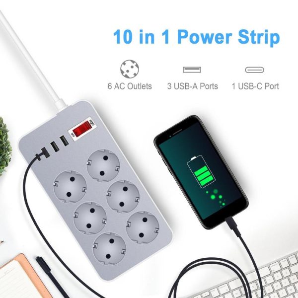 Office Equipment |   10-In-1 Power Strip Multi Outlet Socket With 1.2-Meter Long Cord 6 Outlet 4 Usb Port For Home Electronics Office Equipment