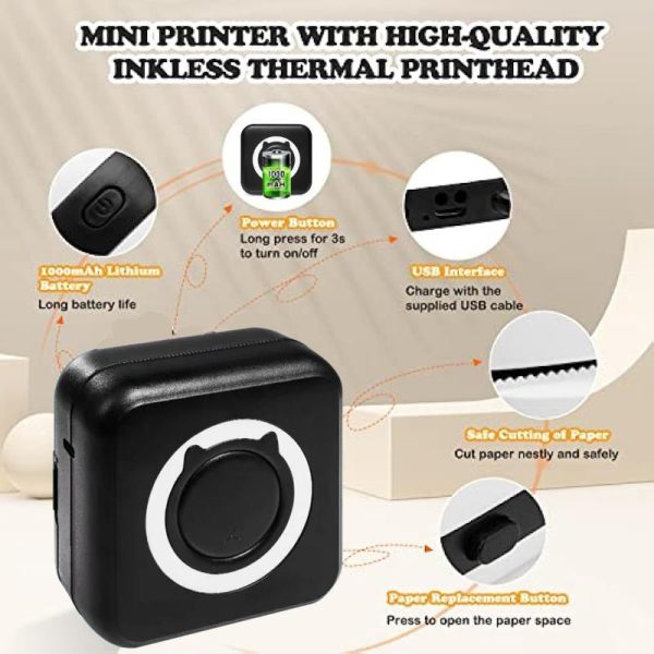 Office Equipment |   Mini Portable Thermal Printer Paper Photo Pocket Thermal Printer Printing Wireless Bt Connect Printers 200Dpi Photo Lable Electronics Office Equipment