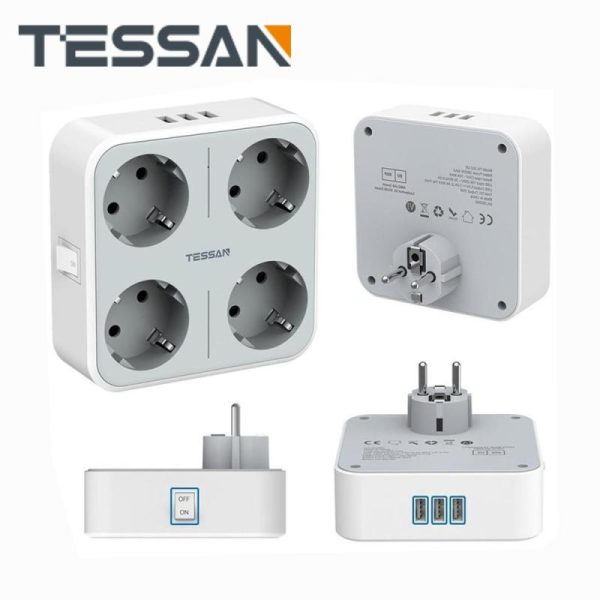 Office Equipment |   Tessan European Plug Travel Adapter Usb Wall Socket With Switch On/Off, 4 Eu Outlets, 3 Usb Ports, 7 In 1 Power Charger For Home Electronics Office Equipment