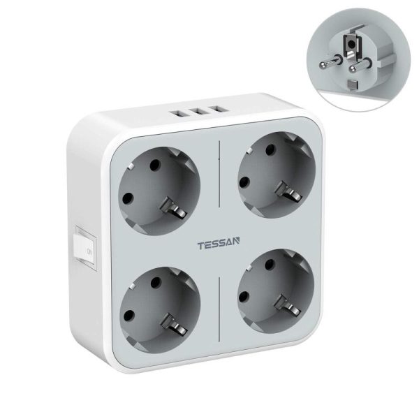 Office Equipment |   Tessan European Plug Travel Adapter Usb Wall Socket With Switch On/Off, 4 Eu Outlets, 3 Usb Ports, 7 In 1 Power Charger For Home Electronics Office Equipment