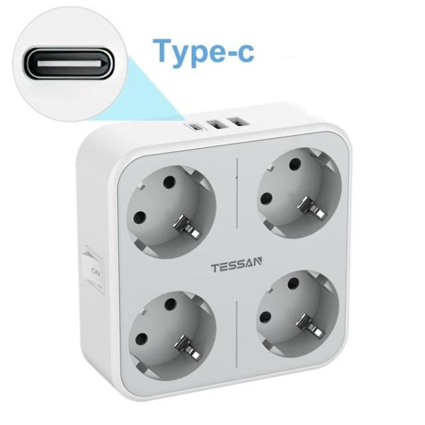 Office Equipment |   Tessan European Plug Travel Adapter Usb Wall Socket With Switch On/Off, 4 Eu Outlets, 3 Usb Ports, 7 In 1 Power Charger For Home Electronics Office Equipment