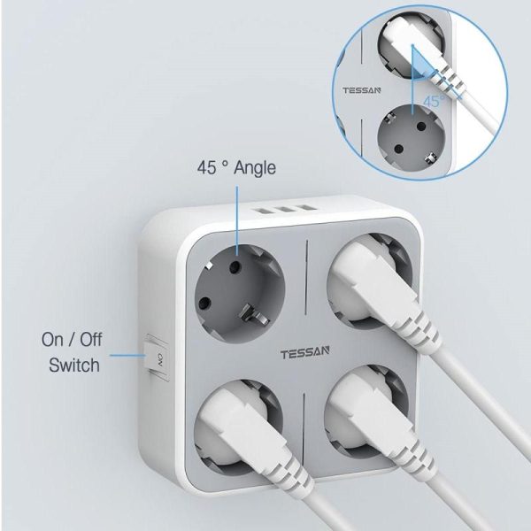 Office Equipment |   Tessan European Plug Travel Adapter Usb Wall Socket With Switch On/Off, 4 Eu Outlets, 3 Usb Ports, 7 In 1 Power Charger For Home Electronics Office Equipment