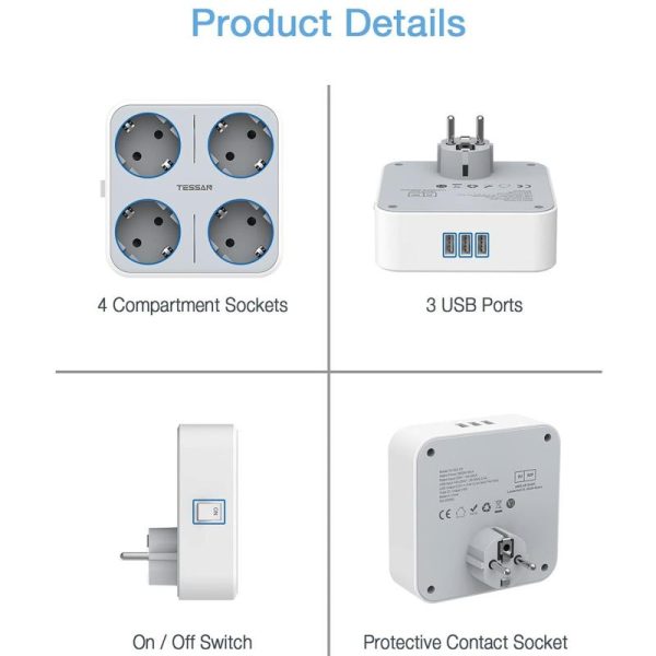 Office Equipment |   Tessan European Plug Travel Adapter Usb Wall Socket With Switch On/Off, 4 Eu Outlets, 3 Usb Ports, 7 In 1 Power Charger For Home Electronics Office Equipment