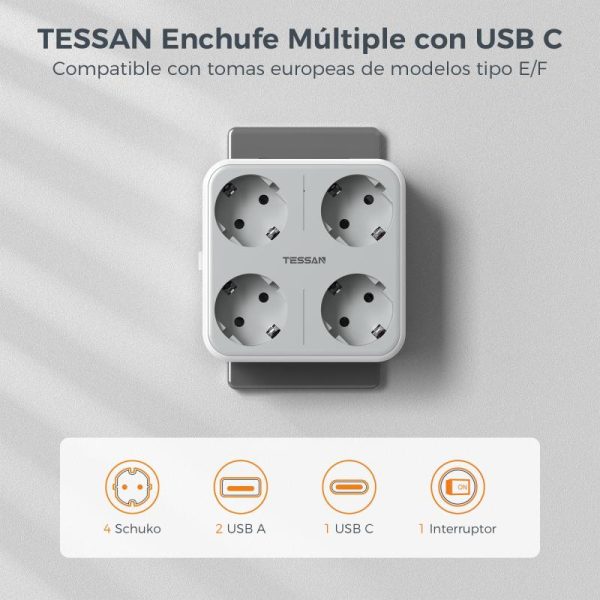 Office Equipment |   Tessan European Plug Travel Adapter Usb Wall Socket With Switch On/Off, 4 Eu Outlets, 3 Usb Ports, 7 In 1 Power Charger For Home Electronics Office Equipment