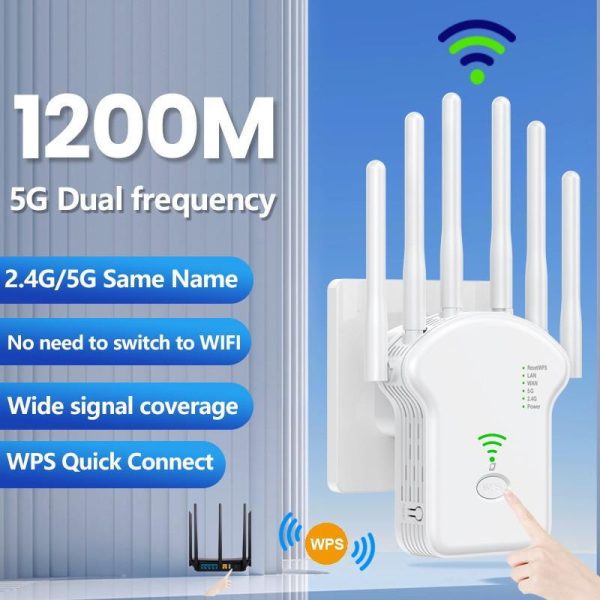 Pcs, Hardware & Gaming |   5G 1200Mbps Wireless Wifi Repeater Wifi Signal Repeater 2.4G 5.8G Dual-Band Wi Fi Extender 6 Antenna Network Amplifier Wps Router 2024 New Electronics Pcs, Hardware & Gaming