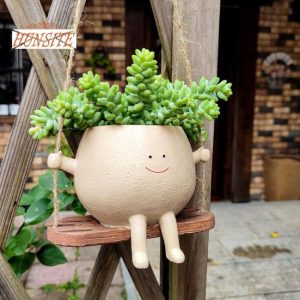 Pots & Planters |   Cute Face Design Swing Plant Pot, Versatile Hanging Planter Outdoors & Garden Pots & Planters