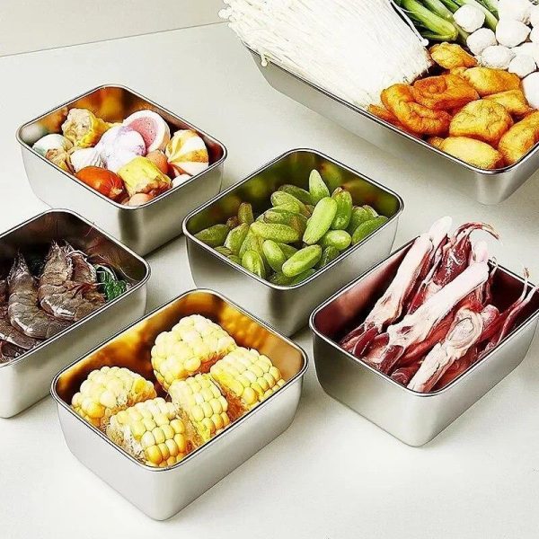 Storage |   6Pcs 600Ml Stainless Steel Refrigerator Crisper Food Storage Box With Plastic Lid Prepare Seafood Fruit Vegetable Picnic Box Home & Kitchen Storage