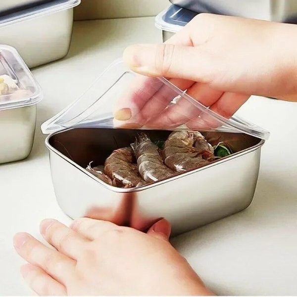 Storage |   6Pcs 600Ml Stainless Steel Refrigerator Crisper Food Storage Box With Plastic Lid Prepare Seafood Fruit Vegetable Picnic Box Home & Kitchen Storage