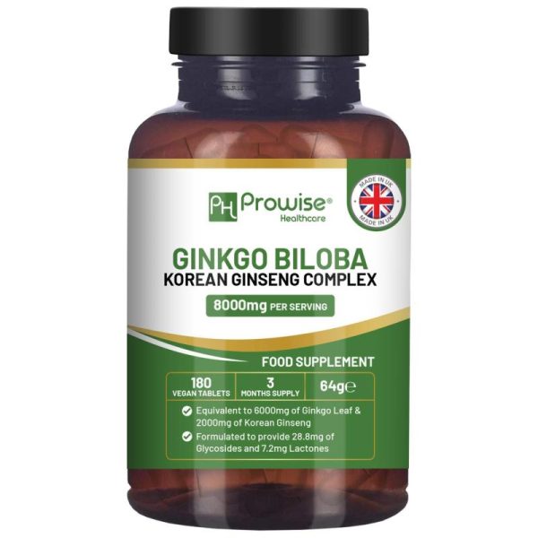 Vitamins & Food Supplements |   Ginkgo Biloba And Korean Ginseng Tablets 8000Mg 180 Vegan Tablets Supports Cognitive Function & Mental Performance By Prowise Health Vitamins & Food Supplements