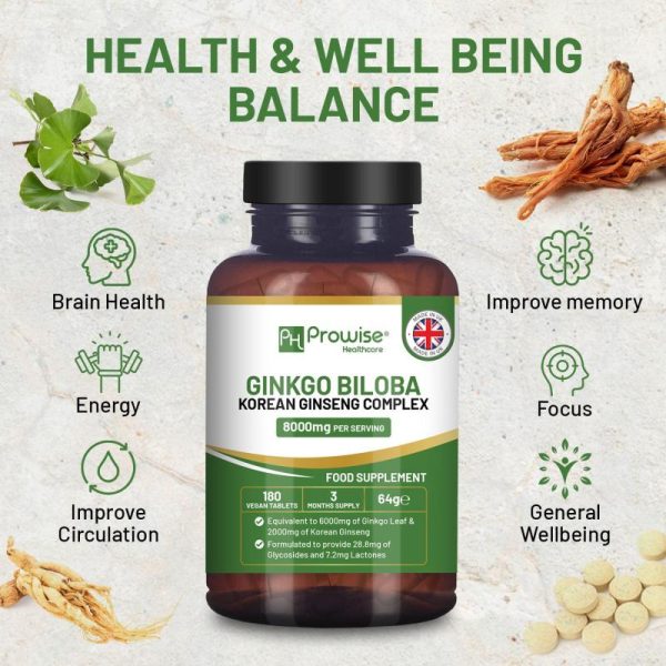 Vitamins & Food Supplements |   Ginkgo Biloba And Korean Ginseng Tablets 8000Mg 180 Vegan Tablets Supports Cognitive Function & Mental Performance By Prowise Health Vitamins & Food Supplements