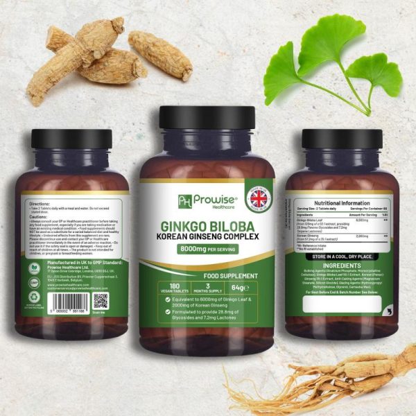 Vitamins & Food Supplements |   Ginkgo Biloba And Korean Ginseng Tablets 8000Mg 180 Vegan Tablets Supports Cognitive Function & Mental Performance By Prowise Health Vitamins & Food Supplements