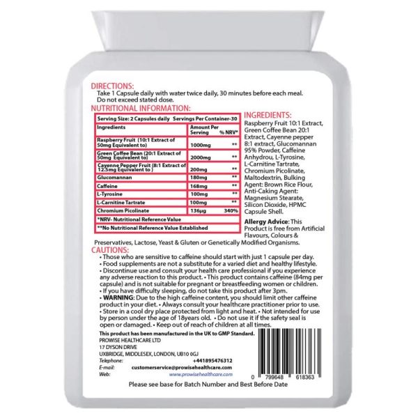 Vitamins & Food Supplements |   Glucomannan And Raspberry Advance Formulation Added With Green Coffee Bean, Cayenne Pepper, Caffeine, L-Tyrosine, L-Carnitine And Chromium Picolinate Health Vitamins & Food Supplements