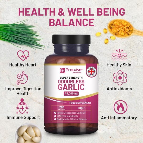 Vitamins & Food Supplements |   Premium Odourless Garlic Capsules 45,000Mg – 200 Softgels – Deodourised Garlic Oil Extract From Allium Sativum – Made In Uk By Prowise Health Vitamins & Food Supplements