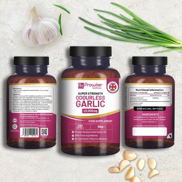 Vitamins & Food Supplements |   Premium Odourless Garlic Capsules 45,000Mg – 200 Softgels – Deodourised Garlic Oil Extract From Allium Sativum – Made In Uk By Prowise Health Vitamins & Food Supplements