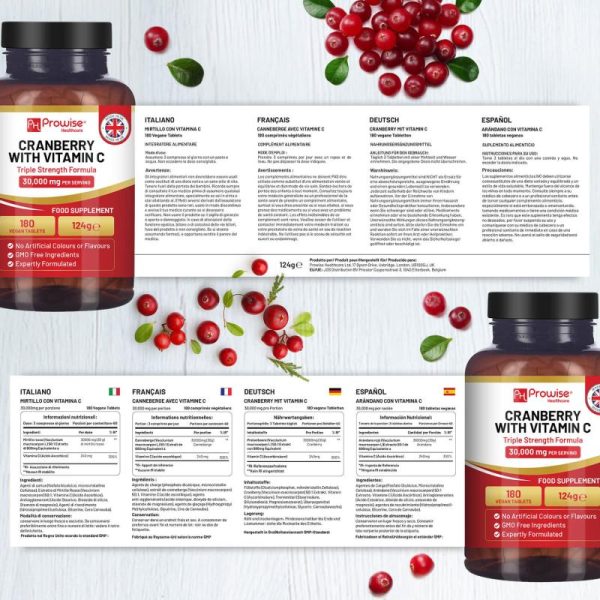 Vitamins & Food Supplements |   Triple Strength Cranberry 30,000Mg Added With Vitamin C I 180 Vegan Tablets I Uti Support For I Made In The Uk By Prowise Health Vitamins & Food Supplements