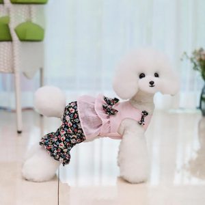 Dogs |   Stylish Round Neck Dress-Up Breathable Floral Printed Pet Bowknot Bodysuit Costume Jumpsuits Dogs Dogs